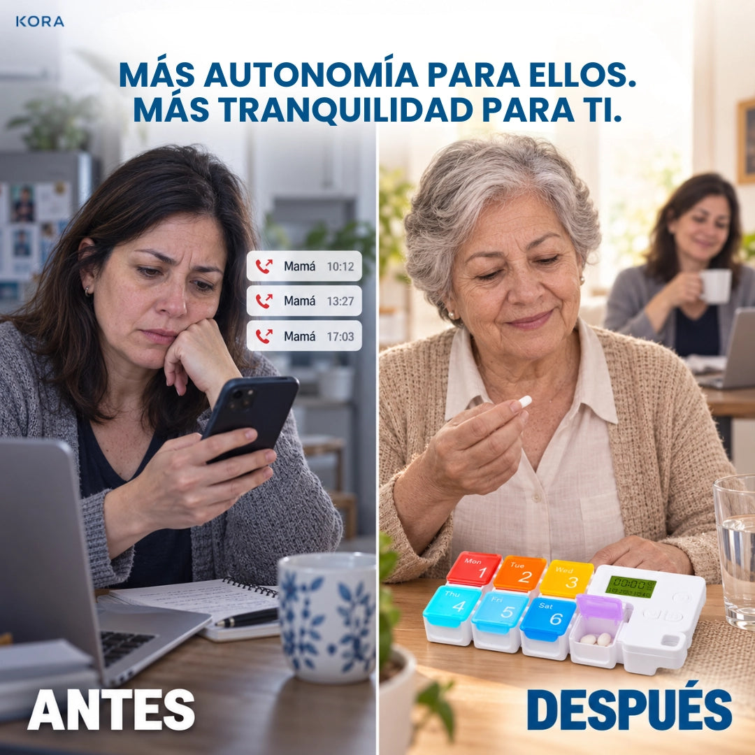 KORA® Organizador Inteligente Semanal con Alarma | Cuídalos Sin Vivir Pendiente